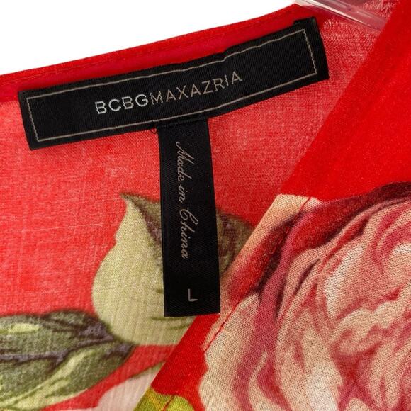BcbgMaxazria Red Floral Maxi Dress Faux Wrap size large Flowers Tropical - Picture 7 of 13